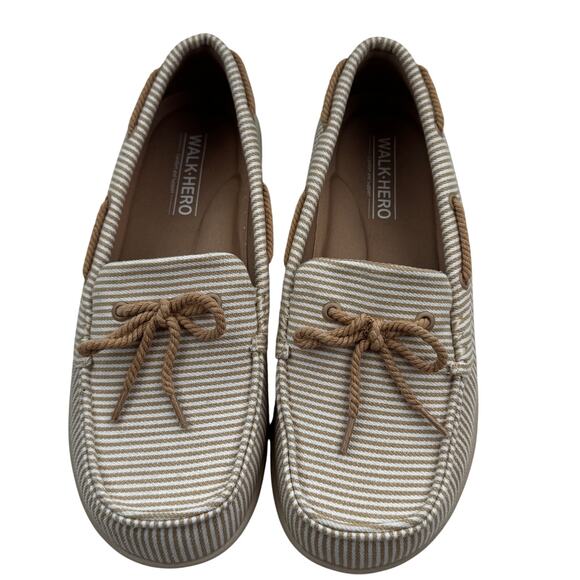 Walk Hero Natural White Stripe Canvas Comfort Slip On Loafers Women's Size 8 - Picture 2 of 9